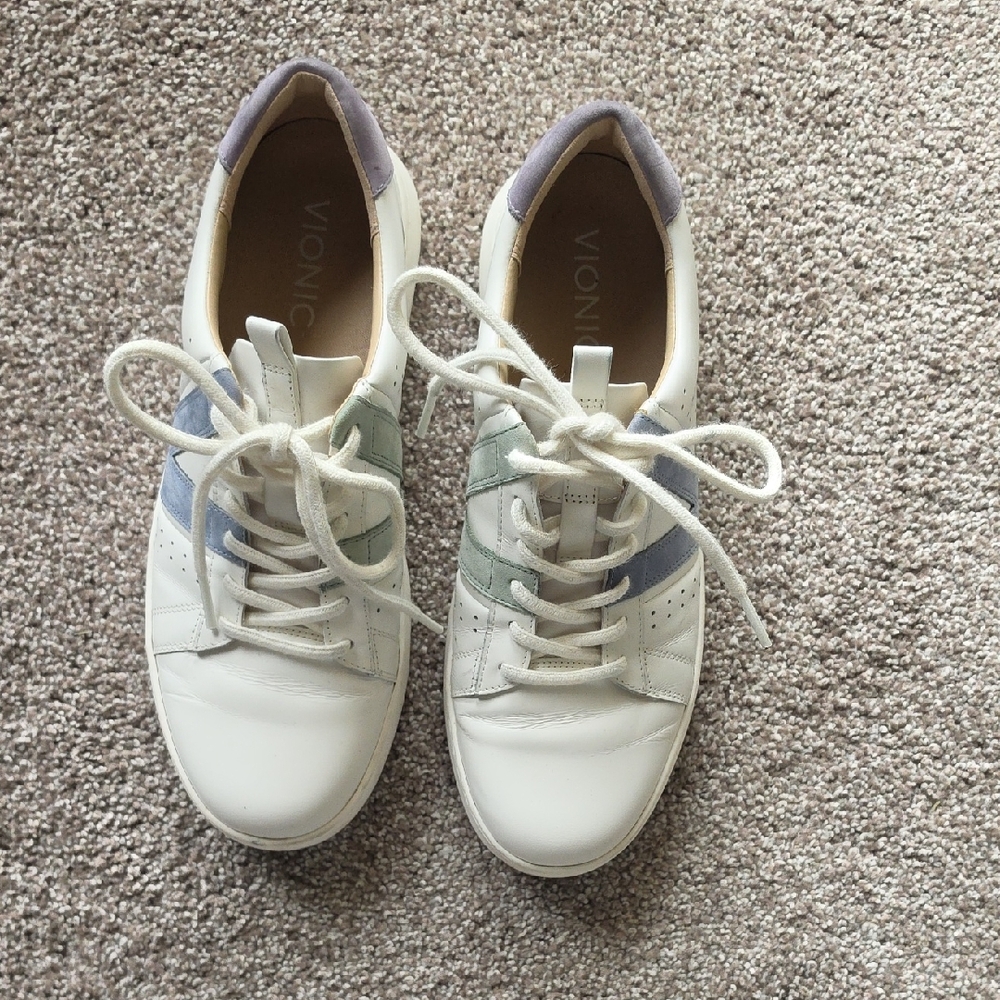 Vionic White Leather Sneakers with Pastel Blue, Green, and Lavender Accents - Picture 2 of 4